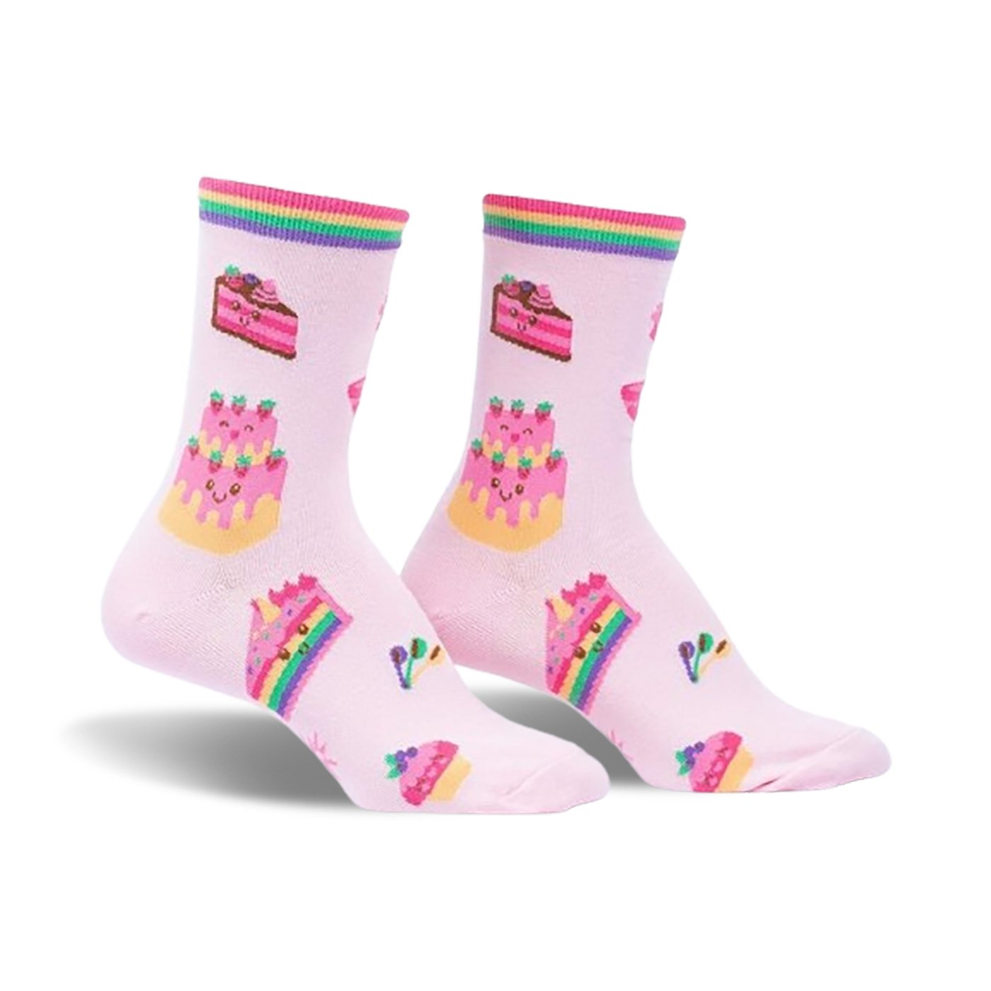 Pair of pink crew socks with rainbow stripes and whimsical cake and cupcake designs. 