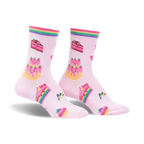 Pair of pink crew socks with rainbow stripes and whimsical cake and cupcake designs. 