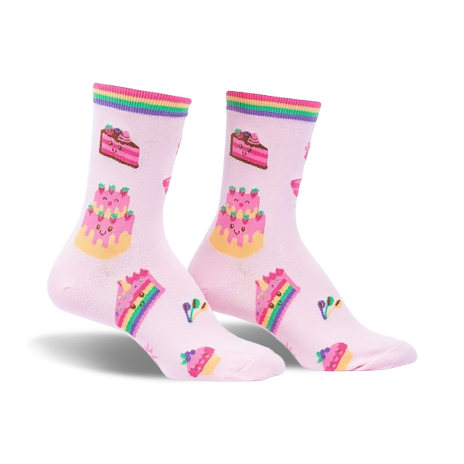Pair of pink crew socks with rainbow stripes and whimsical cake and cupcake designs. 