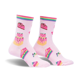 women's crew socks in pink with cake, cupcake, and rainbow pattern.   