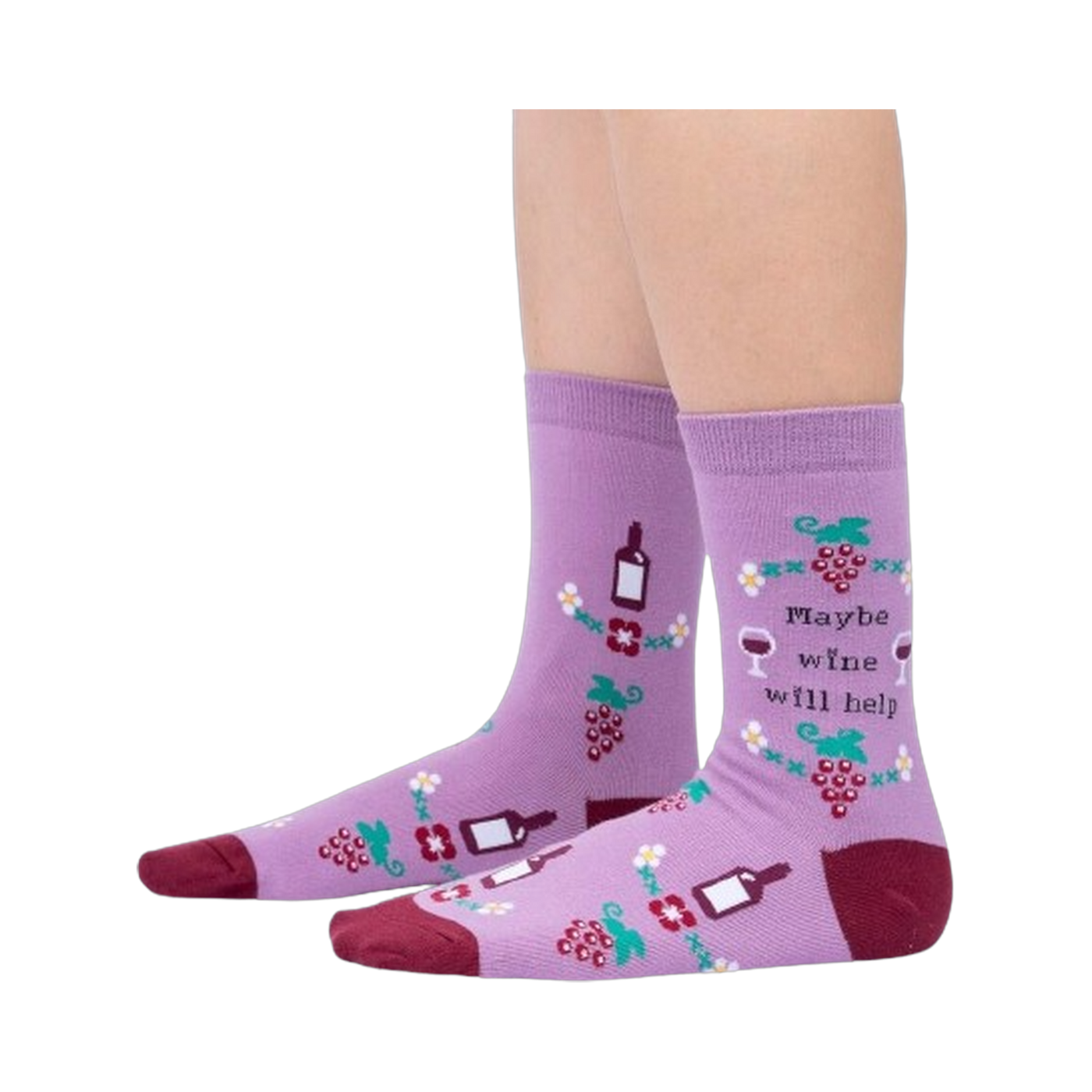 Lifestyle photo showcasing the 'Maybe Wine Will Help' socks on a person's legs.