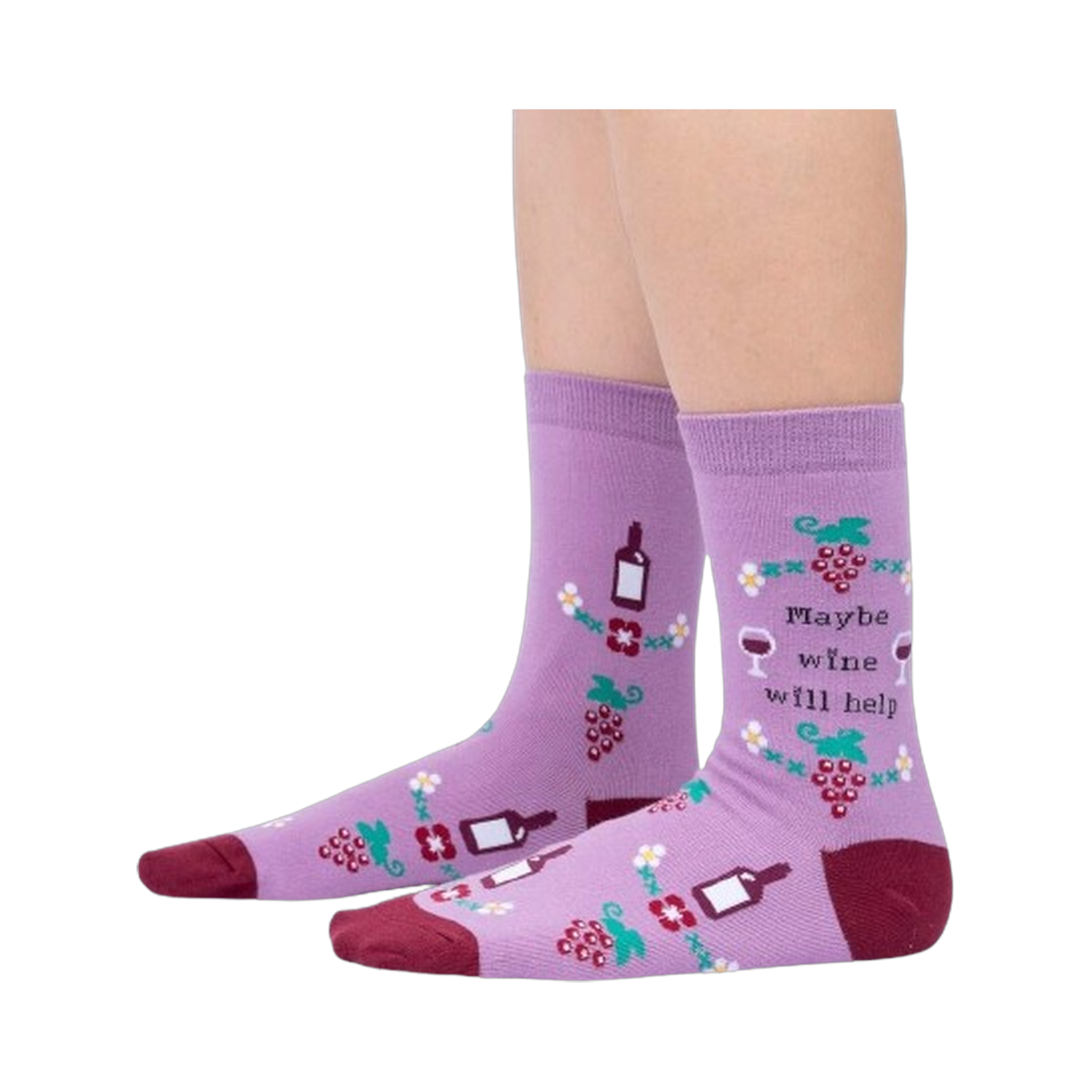 Lifestyle photo showcasing the 'Maybe Wine Will Help' socks on a person's legs.