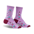 Lavender crew socks with a burgundy heel and toe.  Features wine bottles, grapes, and the text 'Maybe wine will help'.