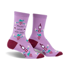 Lavender crew socks with a burgundy heel and toe.  Features wine bottles, grapes, and the text 'Maybe wine will help'.