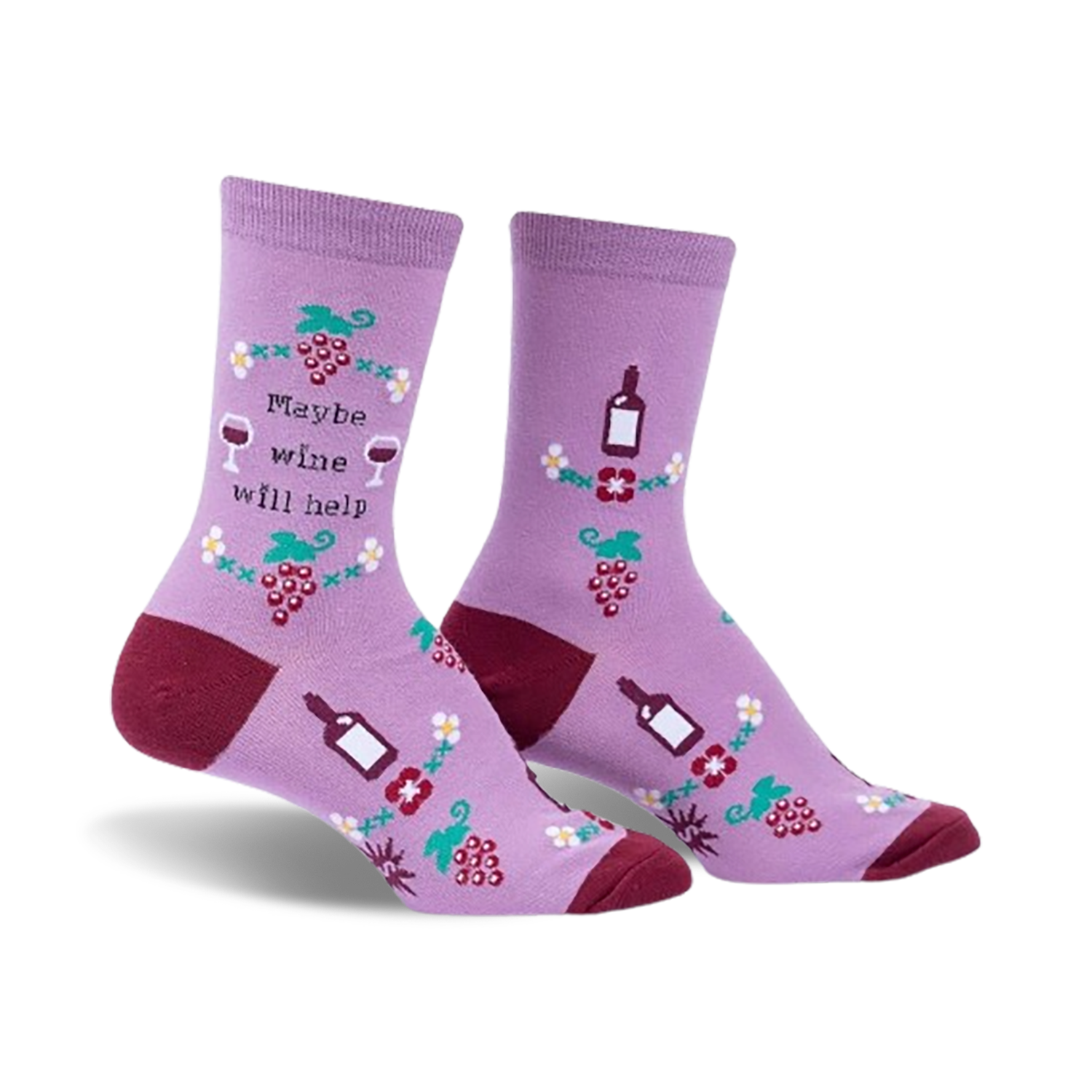 Lavender crew socks with a burgundy heel and toe.  Features wine bottles, grapes, and the text 'Maybe wine will help'.