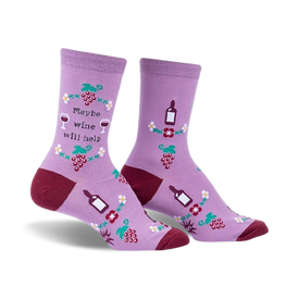 purple crew socks with wine, grapes, and flower pattern imprinted with text saying 'maybe wine will help'.  