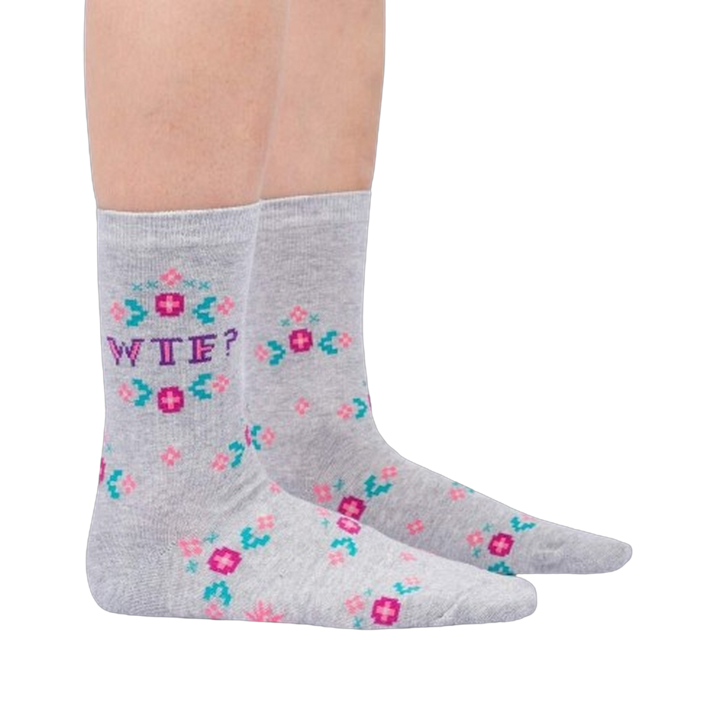 Lifestyle shot of a person wearing the 'WTF?' socks, showing the socks on their legs.