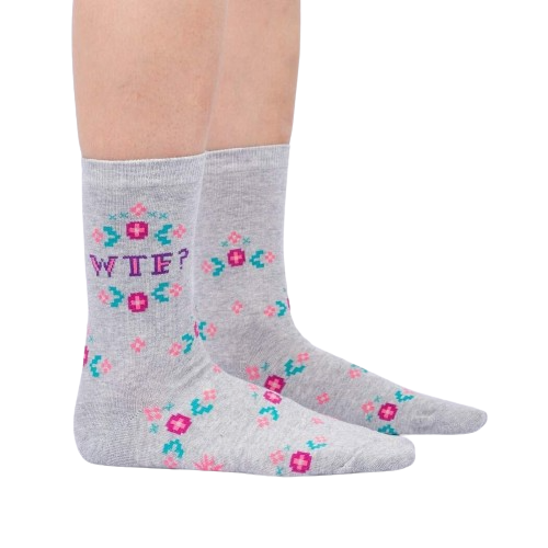 A pair of gray socks with a colorful floral pattern and the word 