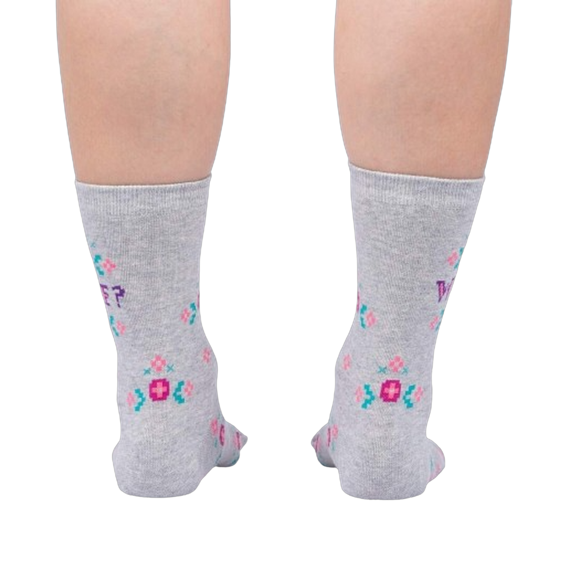 Back view of the 'WTF?' socks on a pair of legs, showcasing the design on the back of the socks.