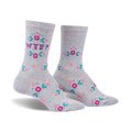Pair of grey crew socks featuring a pixelated 'WTF?' surrounded by small pink and teal flowers. 