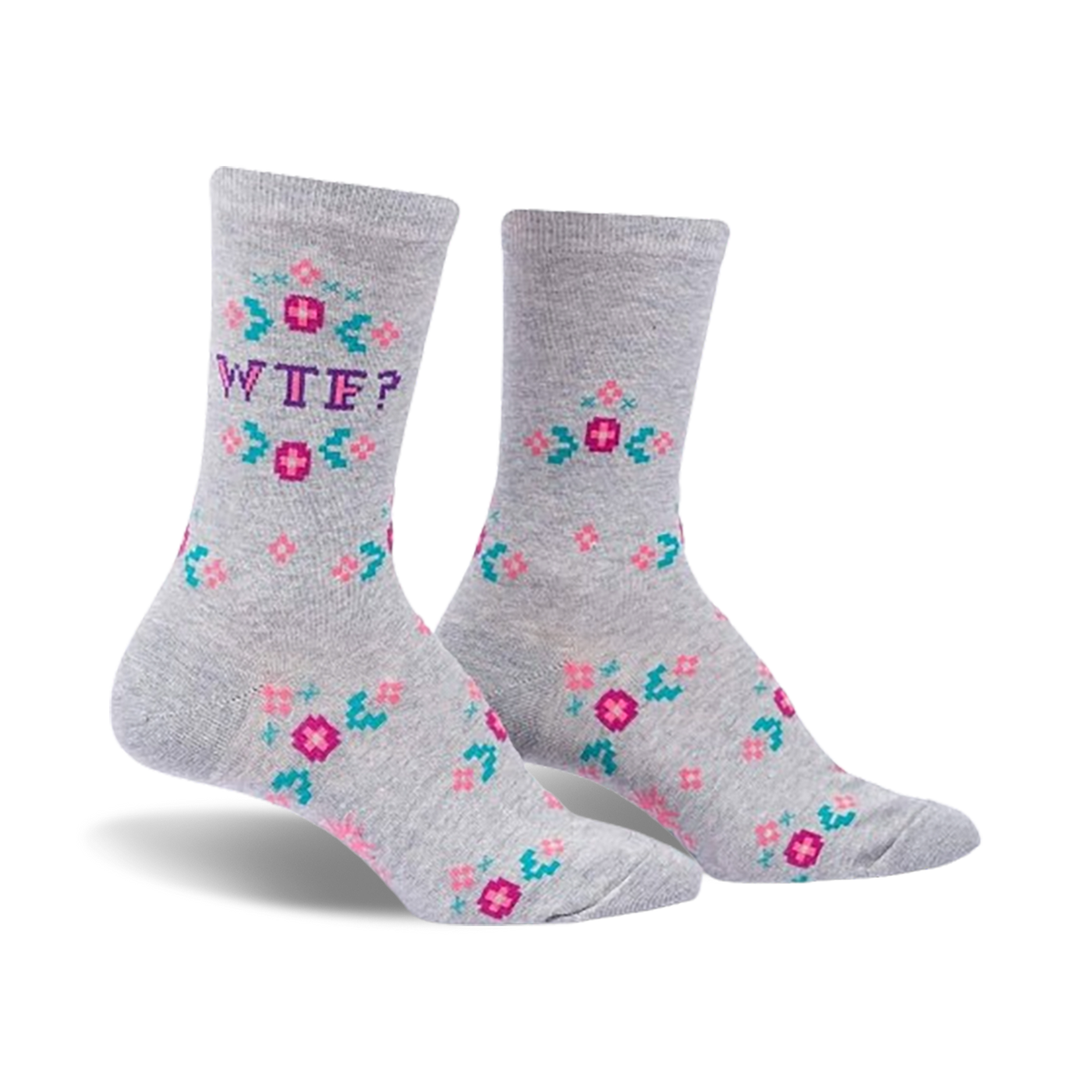 Pair of grey crew socks featuring a pixelated 'WTF?' surrounded by small pink and teal flowers. 
