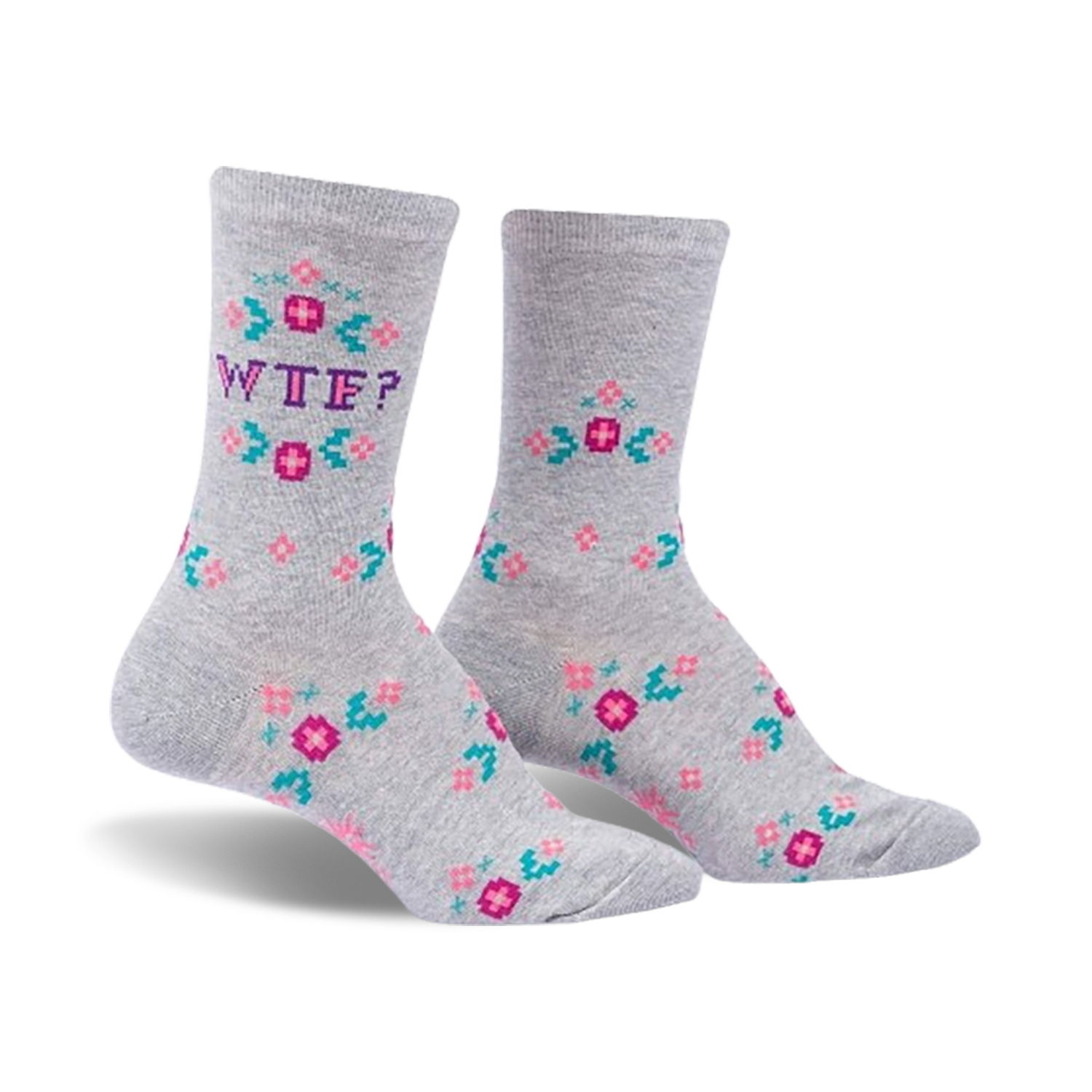 Pair of grey crew socks featuring a pixelated 'WTF?' surrounded by small pink and teal flowers. 