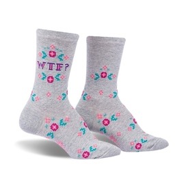 gray floral crew socks with wtf in bold white letters.  