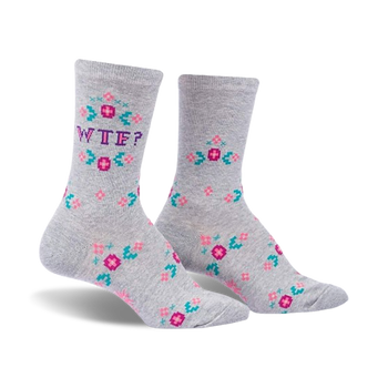 gray floral crew socks with wtf in bold white letters.  