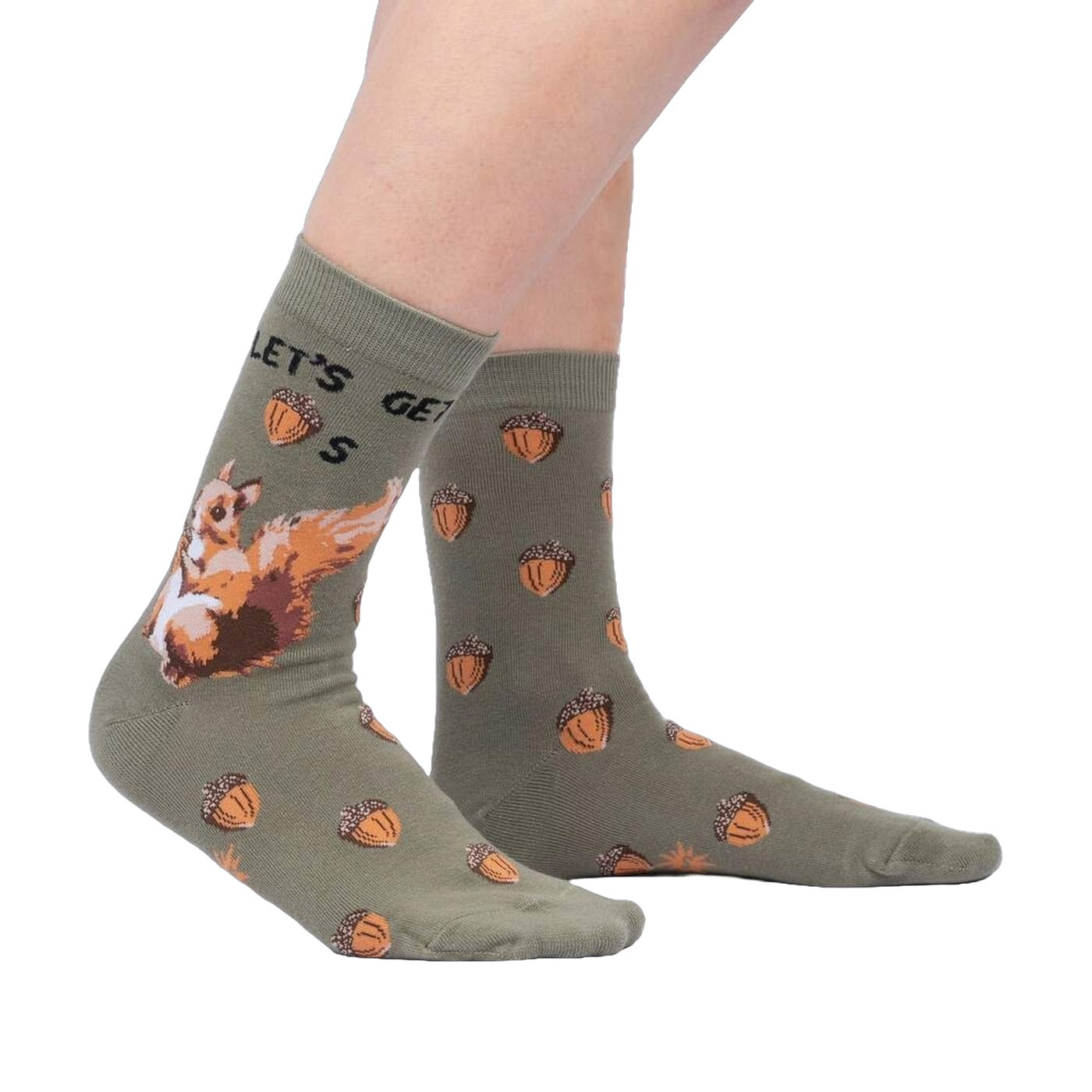 Lifestyle shot of 'Let's Get Nuts' socks on a person's legs, showing how the socks look when worn.