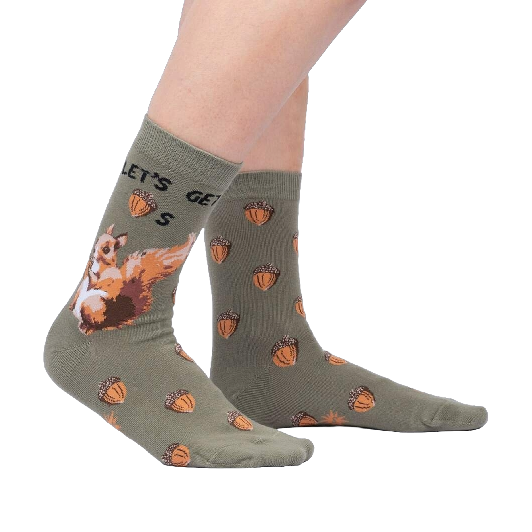 Lifestyle shot of 'Let's Get Nuts' socks on a person's legs, showing how the socks look when worn.