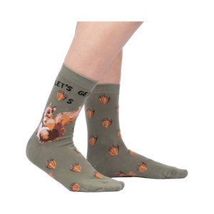 Lifestyle shot of 'Let's Get Nuts' socks on a person's legs, showing how the socks look when worn.