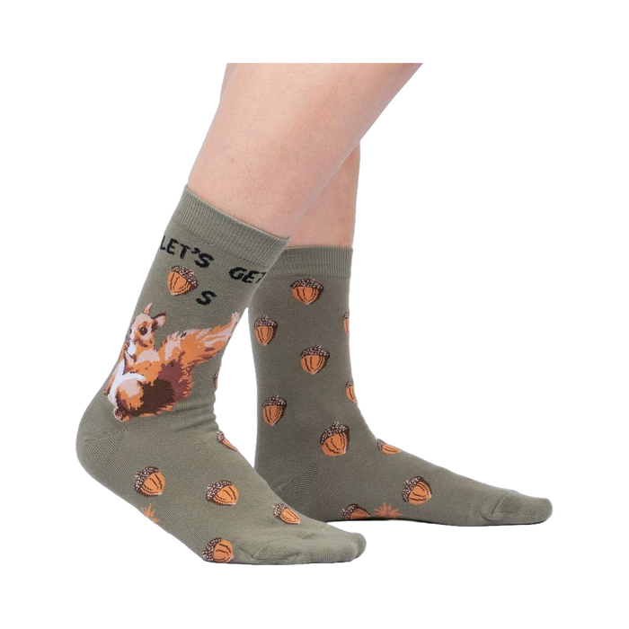 Lifestyle shot of 'Let's Get Nuts' socks on a person's legs, showing how the socks look when worn.