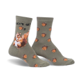 Crew socks in olive green with a playful squirrel design and acorn pattern. 'Let's Get Nuts' text is partially visible.