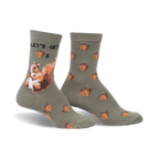 Crew socks in olive green with a playful squirrel design and acorn pattern. 'Let's Get Nuts' text is partially visible.