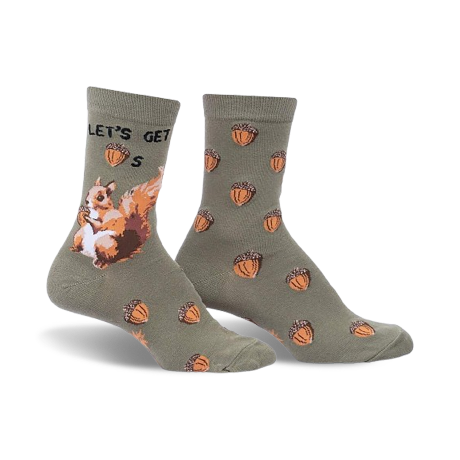 Crew socks in olive green with a playful squirrel design and acorn pattern. 'Let's Get Nuts' text is partially visible.