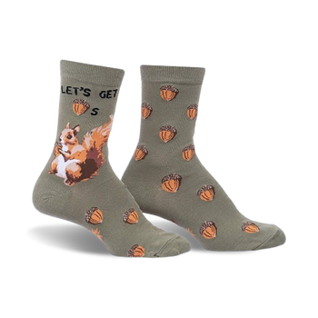 women's crew socks with an all-over acorn pattern, squirrel graphic, and "let's get nuts" text.  