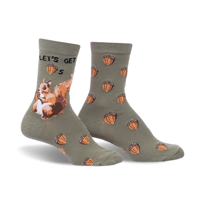 women's crew socks with an all-over acorn pattern, squirrel graphic, and 