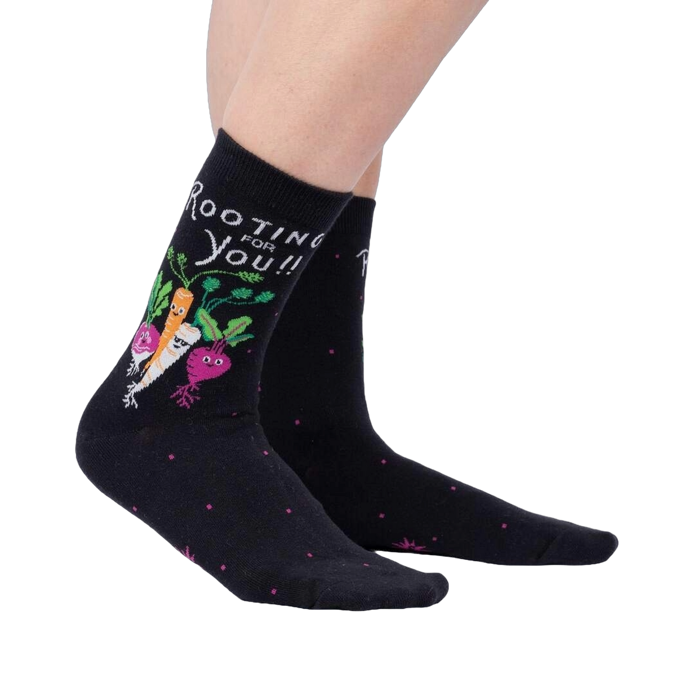 Lifestyle photo showcasing the 'Rooting For You' socks on a person's legs, showing how the socks look when worn.