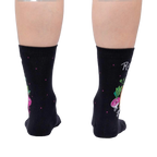 Rear view of a pair of 'Rooting For You' socks on a person's legs, highlighting the back design.