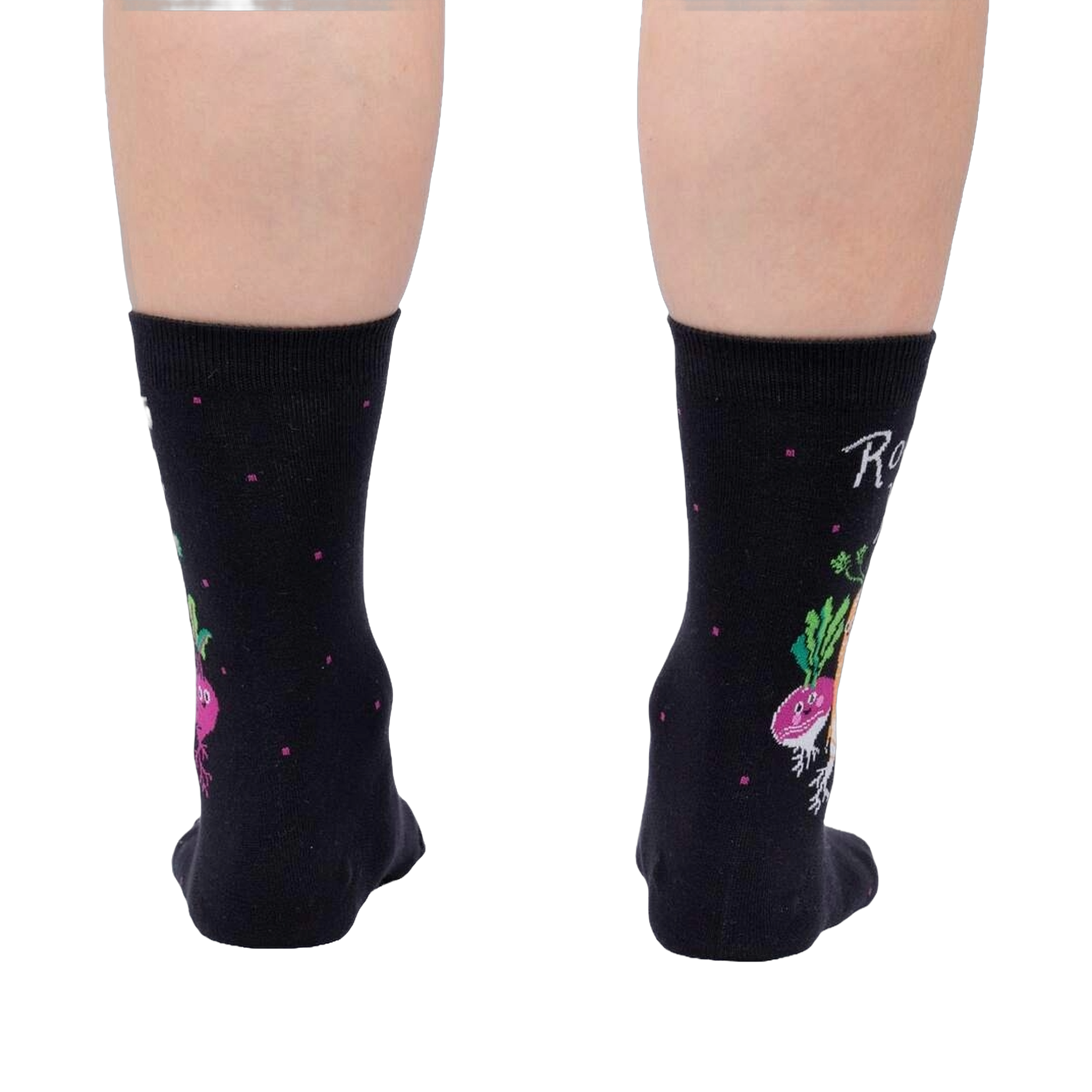 Rear view of a pair of 'Rooting For You' socks on a person's legs, highlighting the back design.