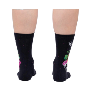 Rear view of a pair of 'Rooting For You' socks on a person's legs, highlighting the back design.