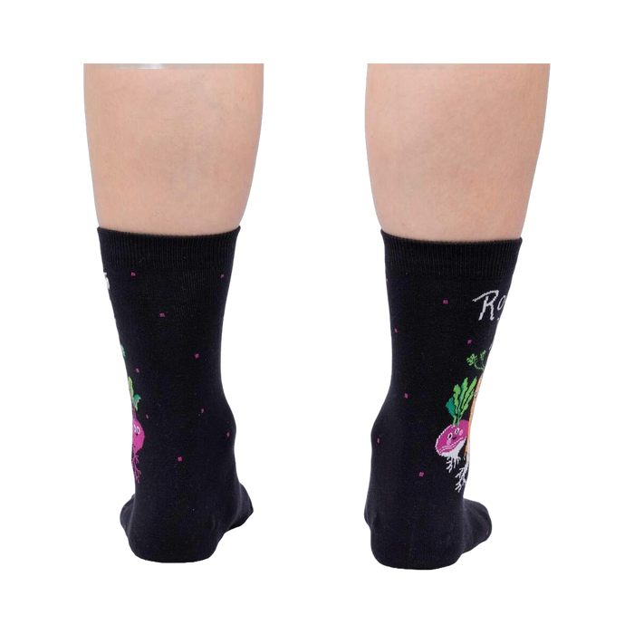 Rear view of a pair of 'Rooting For You' socks on a person's legs, highlighting the back design.