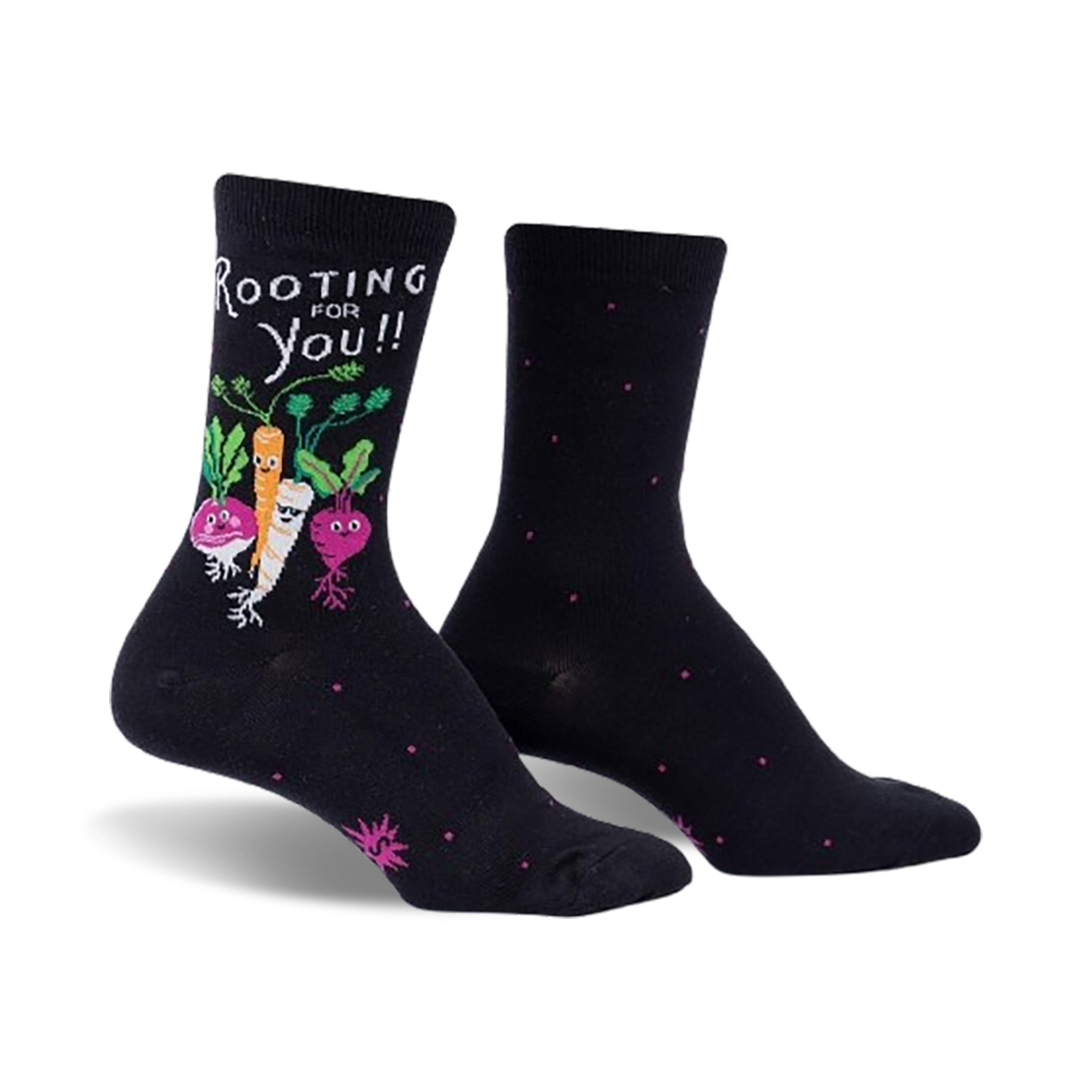 Black crew socks with a whimsical design. Features a carrot, radish, and turnip with faces, along with the text 'Rooting For You!'  Small pink dots are on the socks as well.