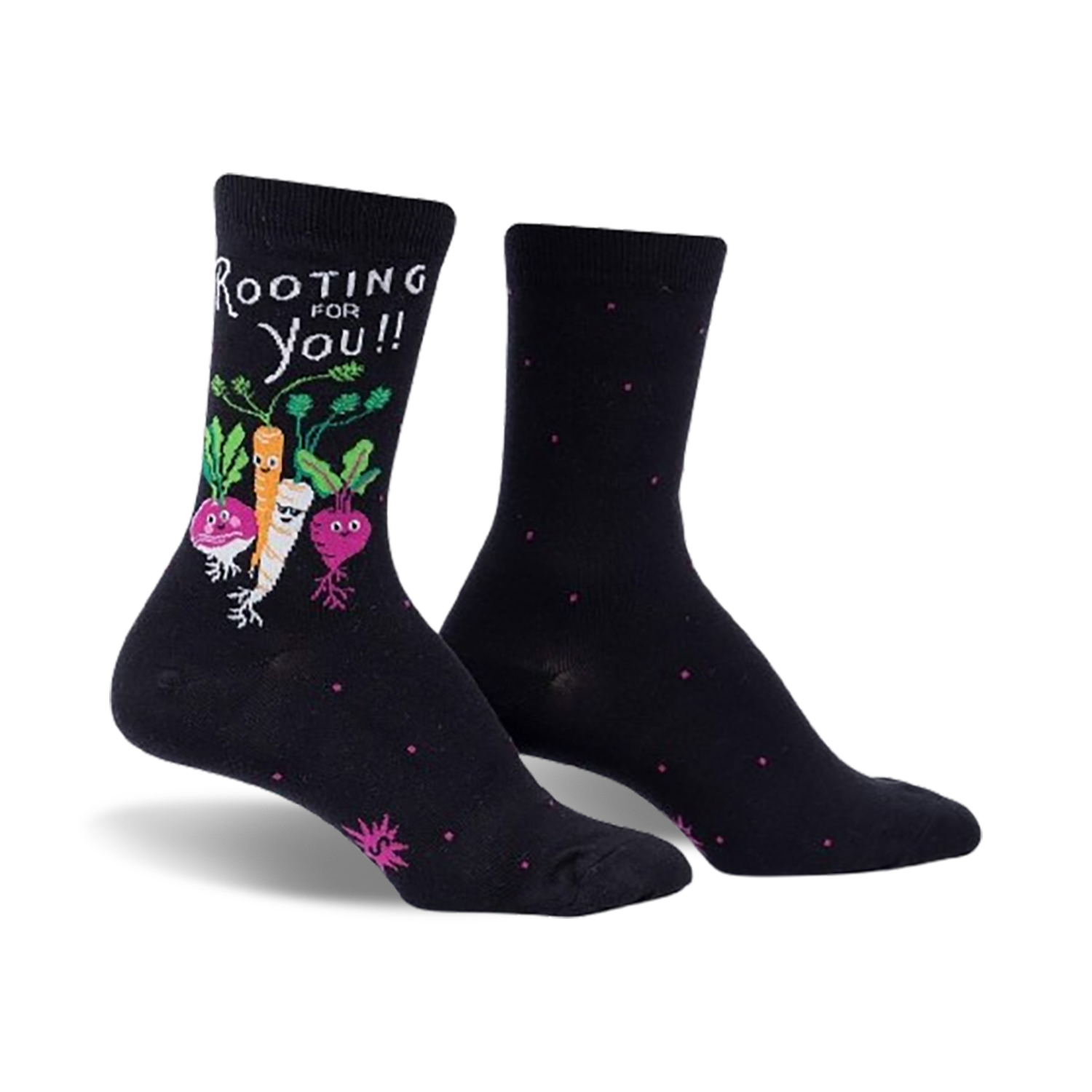 Black crew socks with a whimsical design. Features a carrot, radish, and turnip with faces, along with the text 'Rooting For You!'  Small pink dots are on the socks as well.