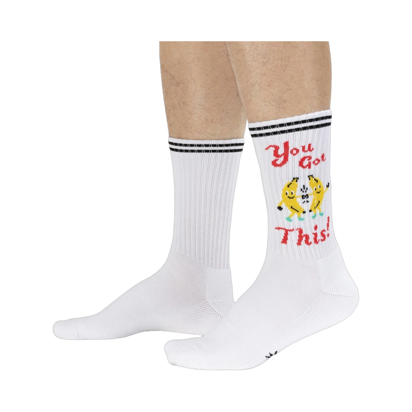 Lifestyle shot of a person wearing the 'You Got This!' socks, showcasing how they look on feet.