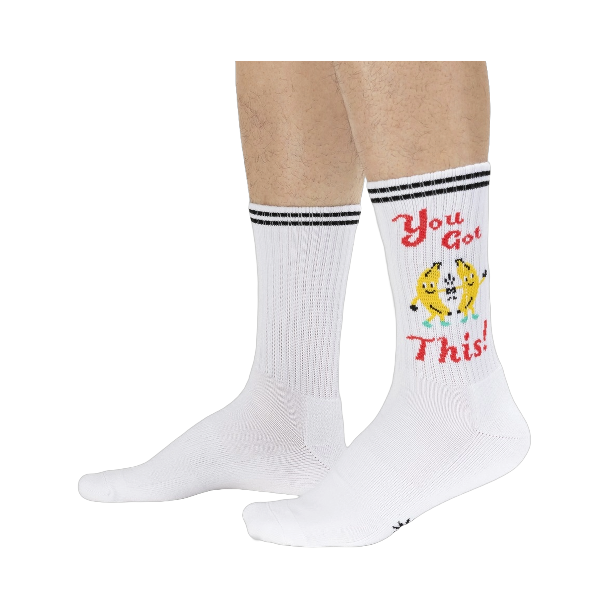 Lifestyle shot of a person wearing the 'You Got This!' socks, showcasing how they look on feet.