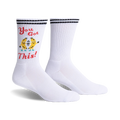 White crew socks with black stripes and a fun graphic of two dancing bananas that say 'You Got This!'