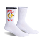 White crew socks with black stripes and a fun graphic of two dancing bananas that say 'You Got This!'