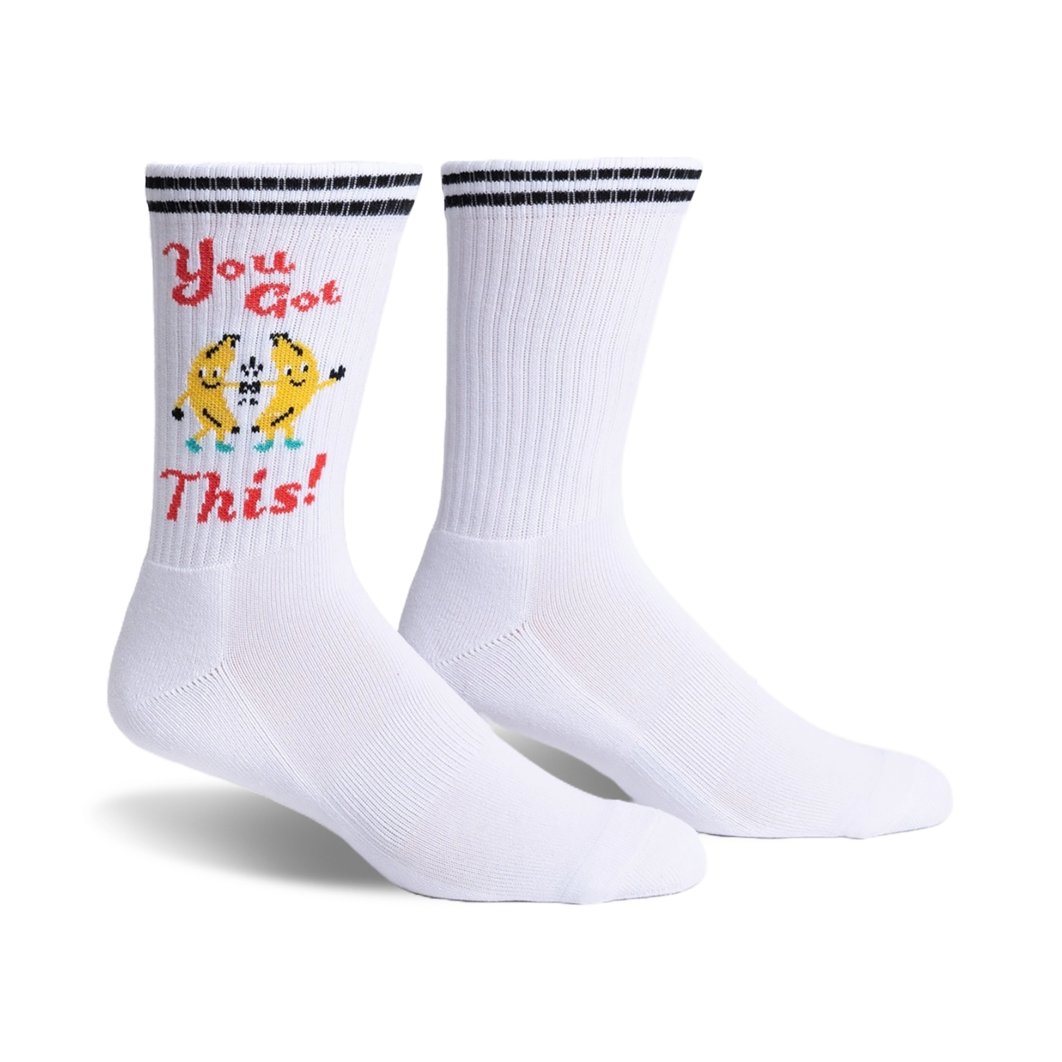 White crew socks with black stripes and a fun graphic of two dancing bananas that say 'You Got This!'