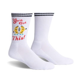 white crew socks with "you got this!" and two cartoon bananas high-fiving in sunglasses.   