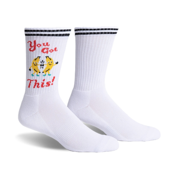 white crew socks with "you got this!" and two cartoon bananas high-fiving in sunglasses.   