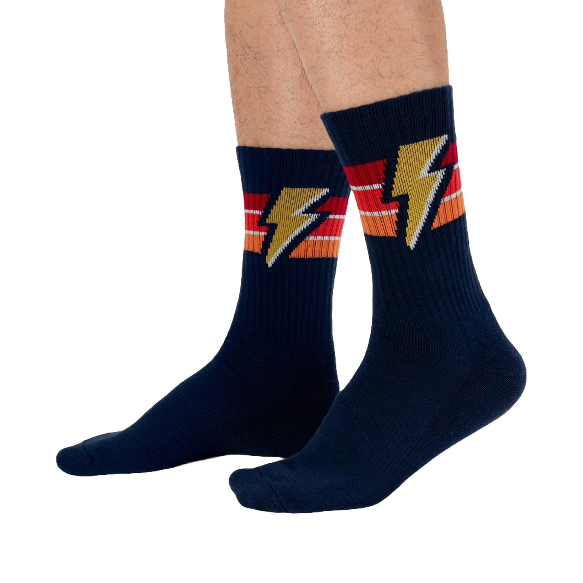 Lifestyle shot of male model wearing navy blue Thunderstruck socks.