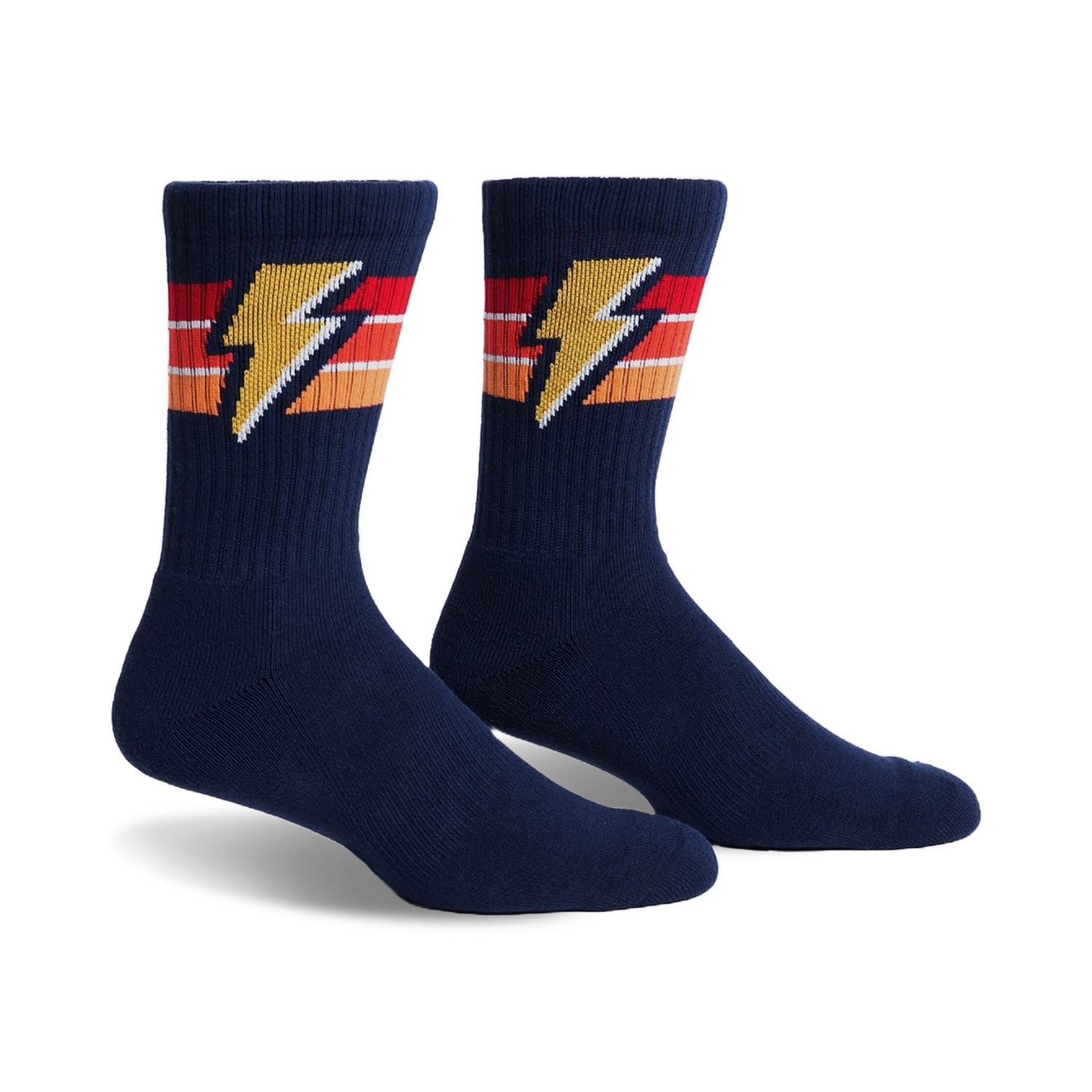 Pair of navy blue crew socks with retro orange, red, and yellow stripes and a lightning bolt design.