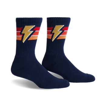 blue crew socks with yellow, orange, and red lightning bolts. for men and women.  