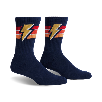 blue crew socks with yellow, orange, and red lightning bolts. for men and women.  