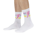 Lifestyle shot of male model wearing white Thunderstruck socks.