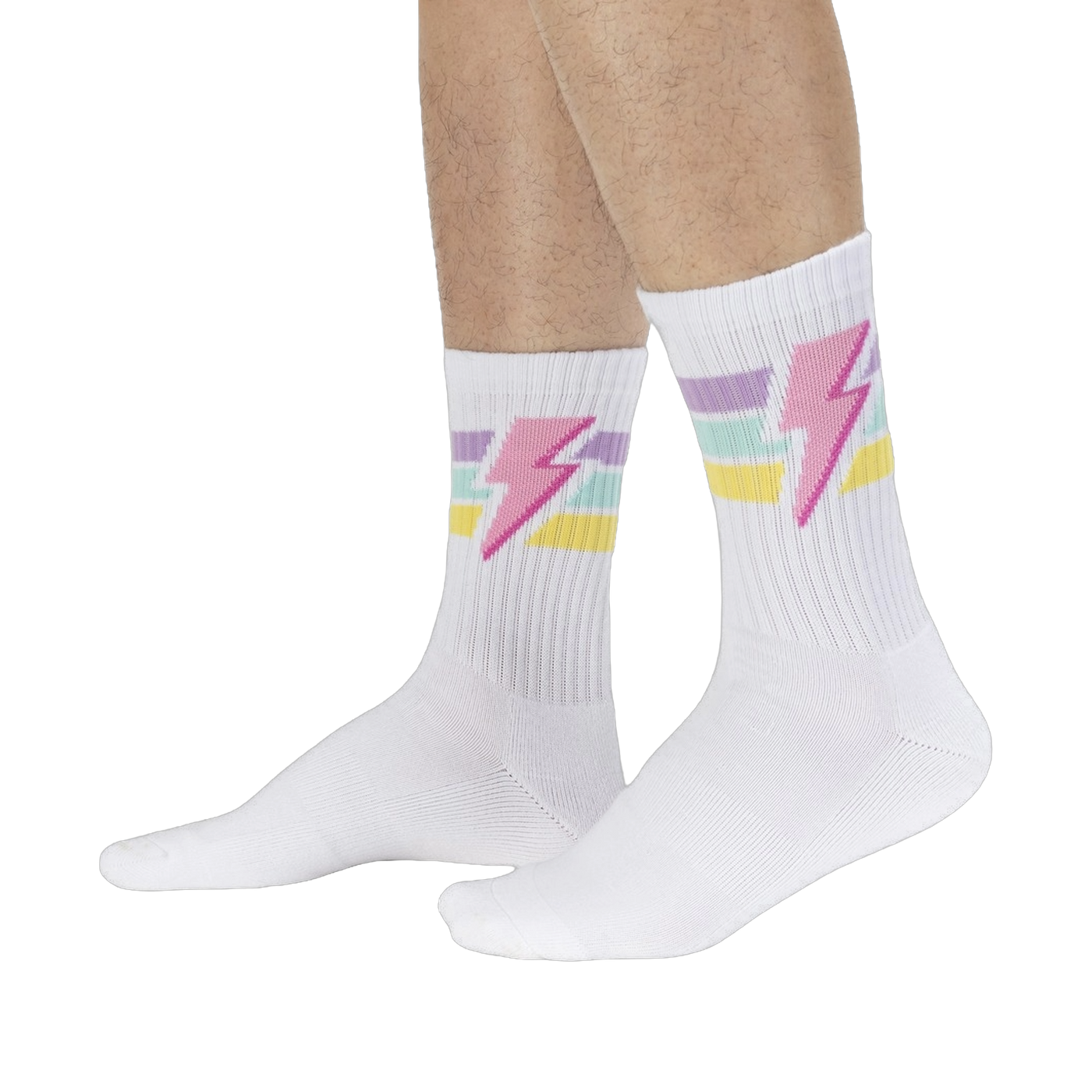 Lifestyle shot of male model wearing white Thunderstruck socks.