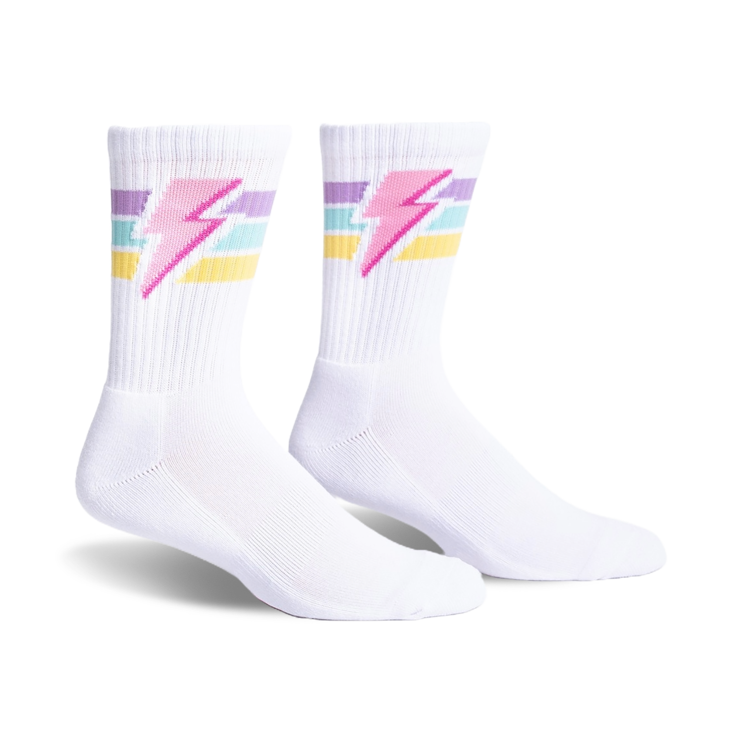 Pair of white crew socks with pastel stripes and pink lightning bolt design.