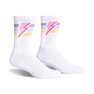 white crew socks with colorful lightning bolt pattern. for men and women, same pattern /n 