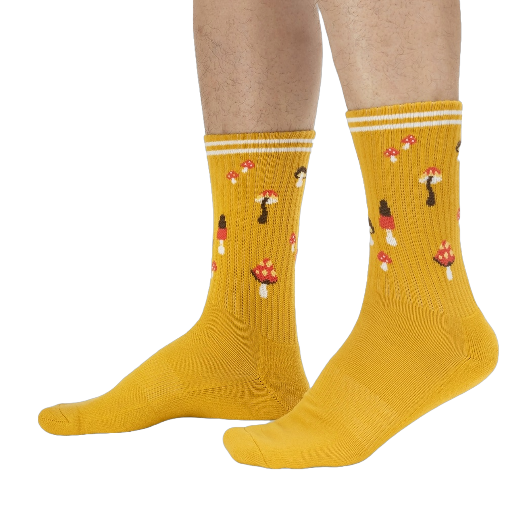 Lifestyle shot: A person's legs wearing the mustard yellow mushroom socks.